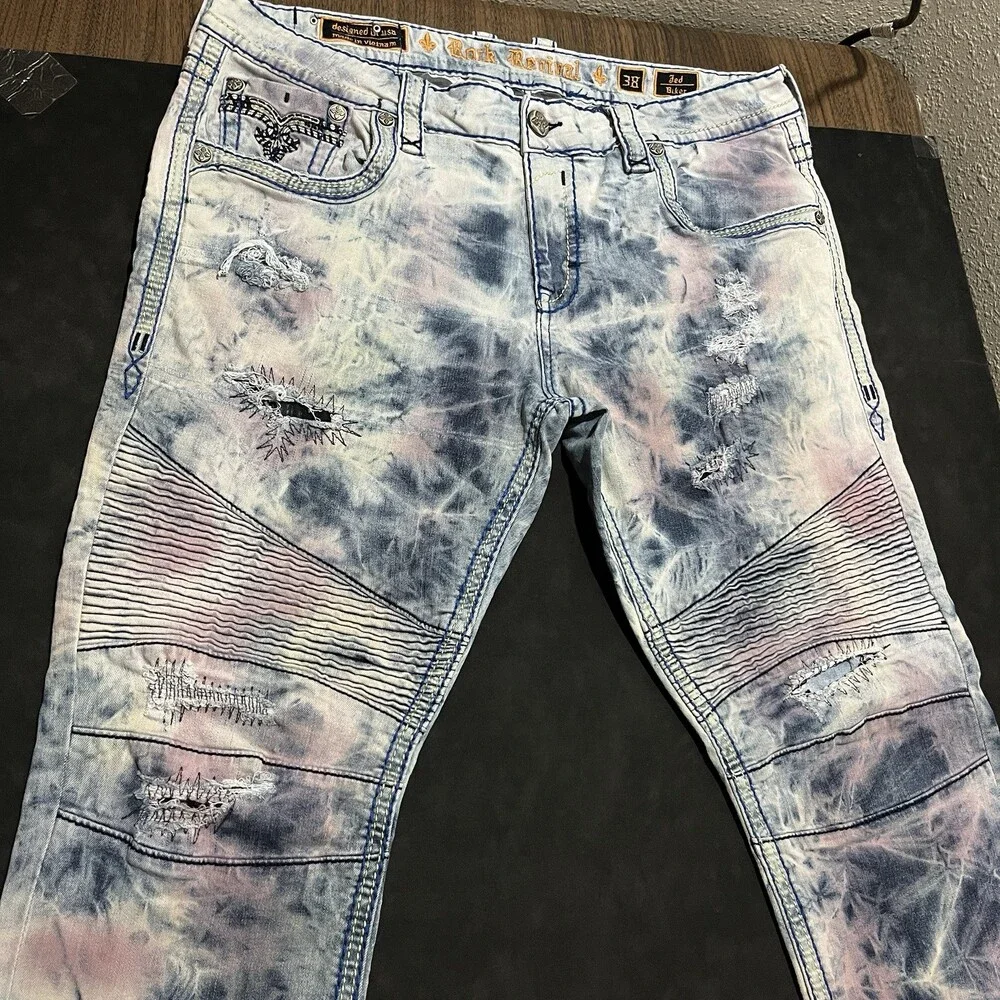 Rock Revival Jeans 38x32 Jersey Shore Tye Die Studded Hippie Biker Chopper Y2K